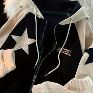 Retro Amerikaanse Casual Capuchonjas voor Dames met Sterren & Lettering, Lichtgewicht Corduroy-Textuur Stof, Relaxed Fit, Wasbaar in de Machine voor Lente/Herfst