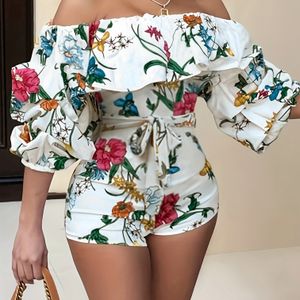 Off-shoulder romper jumpsuit met bloemenprint, elegante backless stropdas taille trim skinny romper jumpsuit, dameskleding