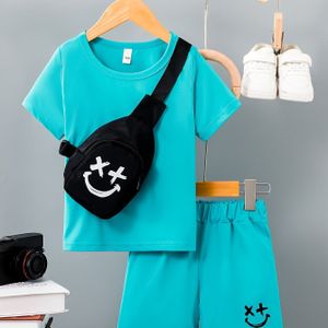 Kinderen casual kleur korte mouwen T-shirt & gezicht bedrukte shorts pak & crossbody tas driedelige set zomer comfortabele en schattige jongenskleding