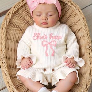 2 stuks Nieuwgeboren Fotografie Outfit, Baby Meisje Gebreide Lange Mouwen Trui met Strik Haarband, Schattige Trui voor Herfst en Winter