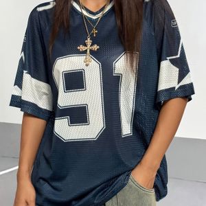 Vrouwen V-Hals Jersey-Stijl Atletische Top met "91" Print, Ademende Mesh Stof, Korte Mouwen, Casual Sportkleding voor Lente/Zomer, Lente Zomer Top | V-hals Top | Mesh Stof Shirt