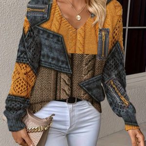 Stijlvolle Herfst- en Wintertrui met V-hals, Lange Mouwen, Bloemenprint & All- - Bohemian Chic, Modieuze Pullover voor Dames, Geschikt voor Kantoor, & Thuis