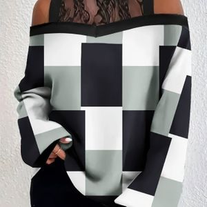 Women's Elegant T-shirt With Contrast Lace, High Neck, Knit Fabric, Stretch, Polyester 95%, Elastane 5%, Spring/summer Fashion Top
