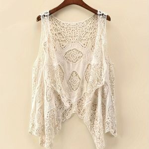 1pc Elegant Sleeveless Knit Cardigan For Women - Hollow Out V-neck Polyester Summer Top With Stretch, Regular Fit, Solid Color, No Belt Or Chest Pad