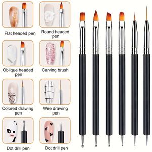 6 stuks Zwarte Multifunctionele Nagelkunstkwastjes - Dotting, Lining, Platte en Ronde voor DIY & Professioneel Gebruik