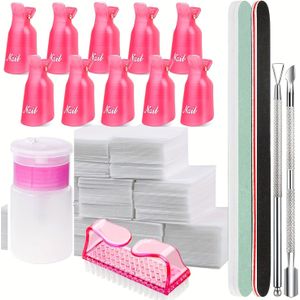 Nagellak Gel Verwijderingsset met Nagelklippers, 100ml Lege Nagellak Verwijderingsflessen, 500 Nagelverwijderingspads, Nagelborstels, Exfoliërende/Schrabende Tools/100/180 Nagelvijl, Buffer Block