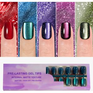 150 stuks Gemengde Kleur Systeem Korte Vierkante Cat-Eye Kunstnagels, Pre-Lasting Gel Tips met Strobe Finish, Modieuze Nagelkunst Decoraties voor Vrouwen en Meisjes, met 5 Kleuren