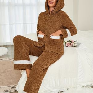 Herfst en winter verdikte kleurblok pluizige fleece jumpsuit met dubbele zakken, capuchon open voorkant dames thuis kleding set