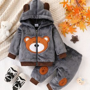 Winter Fleece Romper Set Voor Jongens, Schattig Berenpatroon, Hoodie En Broek, Machinewasbaar, Zacht En Comfortabel, Buitenkleding