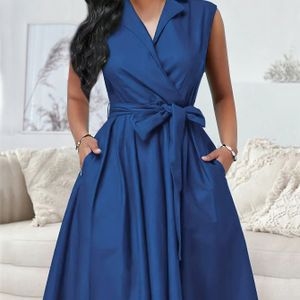 Women's Elegant Sleeveless A-line Dress With Belt Detail, Solid Color Polyester Knee-length Lapel Collar, Woven Dress For Adult