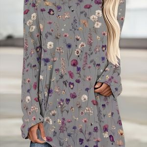 Modieus T-shirt met bloemenprint en lange mouwen | Losse ronde hals, heuplengte, zachte, huidvriendelijke stof, machinewasbaar, ideaal voor thuis en buiten