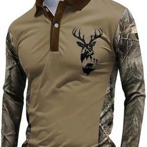 Heren camouflage snel drogend shirt - casual outdoor stijl, hertenkop print, ellen lange mouwen knoopsluiting halslijn en najaars jacht-en wandelsport kleding