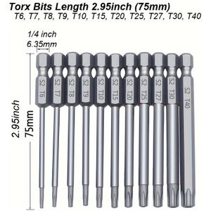 11-piece Torx Bit Set, S2 Alloy Steel, 75mm Long, To T40, Hex Shank, Manual Screwdriver Bits For Automotive & Electrical Repair, Single Pack