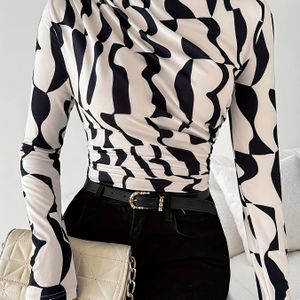 Dames Chic Asymmetrische Geometrische Print Geplisseerde Rand T-Shirt - Hoge Nek, Slim Fit, Zwart & Wit Ontwerp, Perfect voor Lente/Zomer/Heren, Veelzijdige Modeitem|Slim |Glanzende Textuur