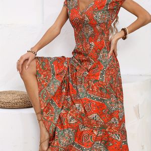 Yiwu Zomer Vakantie Nieuwe Dames V-Hals Korte Mouw Jurk met Print