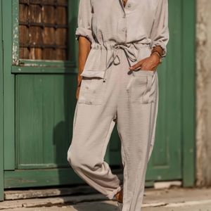 Dames Kleur Lange Mouw Losse Wijde Pijp Jumpsuit met Omgedraaide Kraag NS702