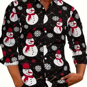 Heren 3D Kerstprint Shirt met Sneeuwpop & Sneeuwwvlok - Kraag Lange Mouwen Knopen Feestkostuum, Wasmachinebestendig Winter Bruiloftsgast Outfit, Cadeau voor Man of Vrienden (Rood/Groen/Zwart)