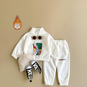 Tweetalige Set voor Jongens en Meisjes met Cartoonprint, Rits-Outfit met Dikke Lange Mouwen en Broek voor , voor Buiten