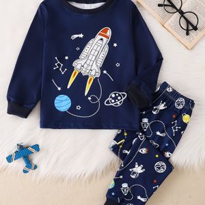 Jongens' Herfst- en Winter Casual Mode Veelzijdige Ronde Hals Geribbelde Cartoon Ruimteschip Lange Broek Tweedelige Pyjama Set, Thuisoutfit