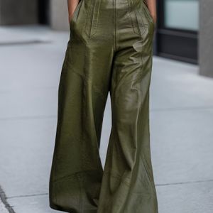 Hoge taille, wijde pijpen broek met zakken - Olijfgroene losse pasvorm rechte pijpen broek, elegante ontwerp voor nachtclub & casual uitstapjes, comfortabele mode, duurzaam materiaal