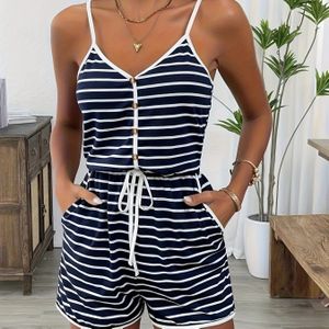Dames Zomer Gestreept Romper met V-hals, zonder mouwen, met trekkoord in de taille, zakken - Casual, Casual Wear|Gestreept Romper|Decoratieve Knopen