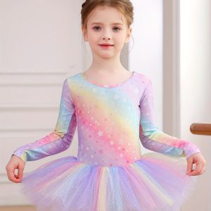 Meisjesjurk, Lange Mouwen Ster en Regenboog met Kruisbandjes, Puffy Tule Rok, Kerst, Ballet Leotard, Kleding