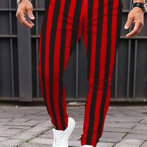 Gengyuanshi Heren Rood & Zwart Gestreepte Casual Broek met Witte Piping - Wijde Pijpenbroek, Design, Machinewasbaar, Zakken - Formeel/Casual (Rood/Zwart/Wit) - Duurzame Pasvorm