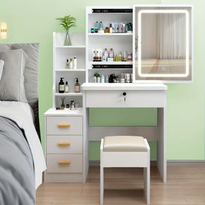 Dressing Table With Led Lighting Mirror, Dressing Table With Chair, Dressing Table With 3 Drawers, 5 Shelves, Modern Wooden Cosmetic Table, White