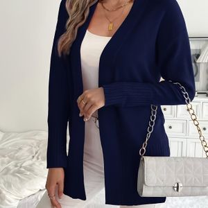 Elegante Beige Lange Gebreide Trui met Zakken voor Dames - Chic Ontwerp met Open Voorzijde, Medium Stretch Acrylstof, Perfect voor Herfst/Winter Mode, Casual Wear||Open Front Cardigan