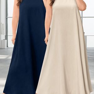 2 stuks Plus Size Kleur Mouwloze Maxi Jurken - Casual Zomer Abaya met Medium Stretch, Ronde Hals en Stromend Ontwerp, Beige & Marine Blauw Set, Lange Mouw Jurk