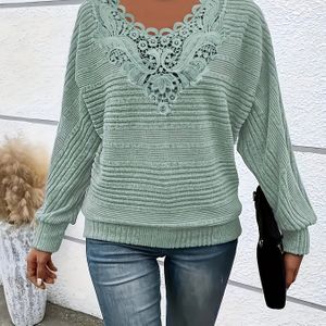 Dames Fleece Gevoerd Batwing Mouw Sweatshirt met Kant - Casual Lange Mouw Pullover, Ronde Hals, Medium Stretch, Perfect voor Herfst/Winter, Casual Kleding|Top met Kant|Stretchy Materiaal