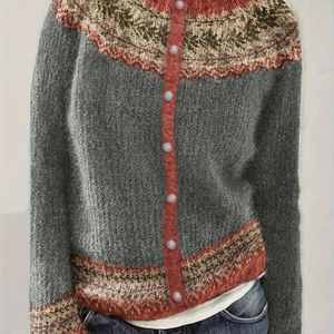 Casual Damesvest met Kleurblok Gestreept Ontwerp, Plantenpatroon & Rode Knopen Voorkant - Zachte Ronde Hals Lange Mouw Herfst Winter Trui voor Laagjesdragen, Gelaagd , Kwaliteitsvakmanschap