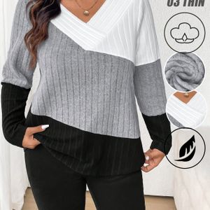Plus Size - Elegant Plus Size Dames T-shirt met Ronde Hals en Kleurblokken, Lange Mouwen | Licht Stretch Materiaal, Lente/Zomer Seizoen