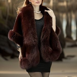 Elegante Plus Size Angora Rode voor Vrouwen - Luxueuze Winterjas met Contrastkraag, Perfect voor Herfst/Winterfeesten & Kerstmis, Warmte, Kleur, Niet-Stretch Stof