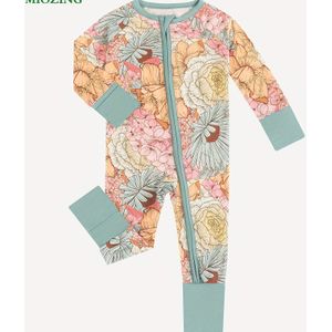 MIOZING Bamboevezel Bodysuit - Schattige Groene Bloem & Bamboevezel Print Onesie, Lange Mouwen Snap-outfit voor Fotoshoots, Casual Kleding, Wasmachinebestendig (4-Seizoenen), Perfect voor Buiten