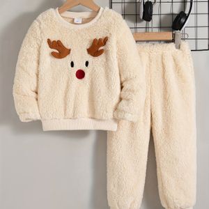 Jongens Casual Kerstborduurwerk Ronde Hals Regular Fit Fleece Lange Mouw Top en Broek Set, Dubbelzijdig Fluweel Broeken Outfit voor Herfst/Winter, Ideaal voor Buiten
