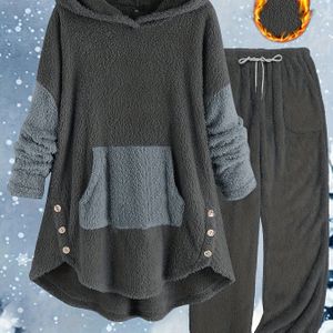 Plus Size - Dames Casual Plus Size Color Block Hooded Set | Hooded Sweatshirt en Broek met Zakken, Medium Stretch Stof