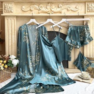 5-delige Dames Kersenprint Nachtjapon & Nachtkleding Set - Badjas met Nachthemd, Bijpassende Nachtkleding, Wasmachinebestendige Niet-Rekbare Winter Pyjama voor s (Compleet 5- Ensemble)