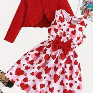 Lente/Herfst Nieuwe Rode Kleur Cardigan Gebreide Bovenkleding + Hartjes Print Vestjurken met Strik, Schattig Trendy Meisje's Back-to-School & Halloween Feestoutfit
