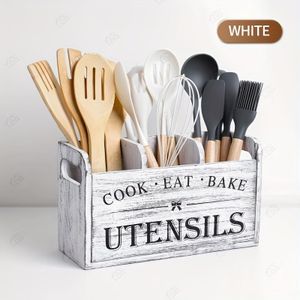 Rustic Wooden Kitchen Utensil Holder, 1pc 3-compartment Storage Box, Countertop & Wall-mounted Organizer, Wood Material, Brand: Ldq, Kitchen Accessories For Cook, Eat, Bake Tools