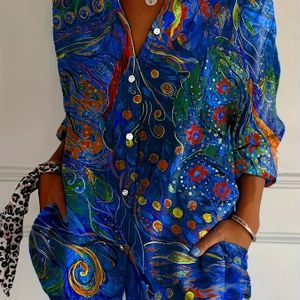 Women's Elegant Long Sleeve Floral Print Button-up Shirt - , Green, Orange & , Loose Fit, Polyester Blend, Machine Washable, Casual Or Dressy Outfits