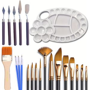 Schilders Olieverfkwastenset, Kunstverfkwastenset 16 Verfkwasten met 5 Schildersmes en 1 Verfpallet voor Acryl, Olie, Gouache, Waterverf