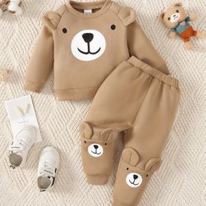 Tweedelige Set voor Jongens en Baby's, Casual en Schattig, Warm en Fleece, Bedrukte Beer, Ronde Hals, Lange Mouwen Hoodie en Bedrukte Broek voor Herfst en Winter, Perfect voor Buiten