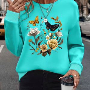 Vrouwen Elegante Bloemen- & Vlinderprint Lange Mouw Ronde Hals Sweatshirt - Turquoise met Gouden Accenten, All-Seizoen Machine Wasbaar Casual Top, Dagelijks , Gladde Textuur