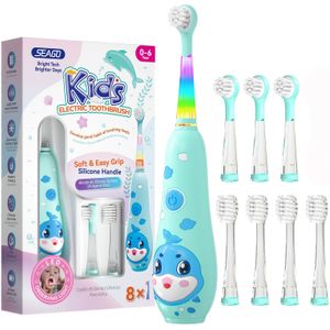 Seago Elektrische Tandenborstel voor Leeftijd 0-6 Jaar | 8 Opzetborstels, Schattige Walvisvorm, 2-Minuten Slimme Timer, USB Oplaadbaar, IPX7, Mondverzorgingscadeau voor en