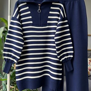 Dames Vintage Gestreepte Zip-Up Hoodie & Broek Set - Knusse Herfst/Winter Outfit, Lange Mouw Pullover met Opstaande Kraag, & Strepen, Losse Pasvorm, Casual Stijl, Trui Hoodie