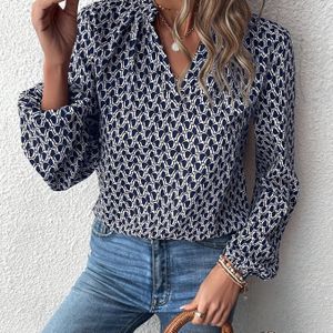 Elegante damesblouse met V-hals, lange mouwen en geometrisch - shirt voor lente/zomer/herfst, lichtgewicht & ademende stof, perfect voor vrijetijdskleding