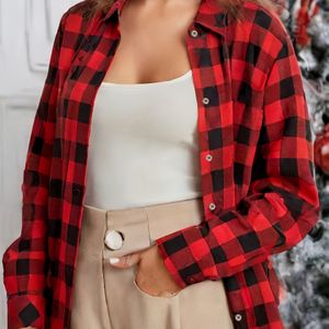 Casual Rood en Zwart Lange Mouwen Overhemd met Kraag voor Dames - Klassiek Geruit Ontwerp, Machinewasbaar, Perfect voor Lente, Zomer, Dagelijks en Woon-Werkverkeer