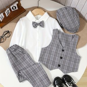 4- Jongens Elegante Formele Herenpak - Overhemd met Lange Mouwen en Strikje, Broek, Vest en Hoed, Kinderpak voor Wedstrijden, Optredens, Bruiloften, Feesten, Buitenkleding