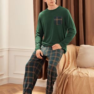 Herenset met Donkergroen Overhemd met Lange Mouwen en Zakken en Broek Pyjama